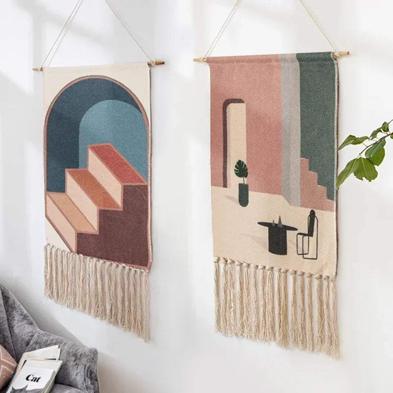 tapis suspendus géométrique franges moderne beige rose bleu vert noir gris