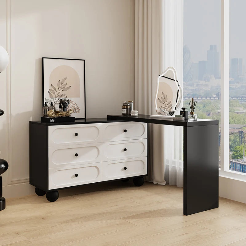 coiffeuse miroir blanc minimaliste moderne commode tiroirs noirs chambre meuble maquillage