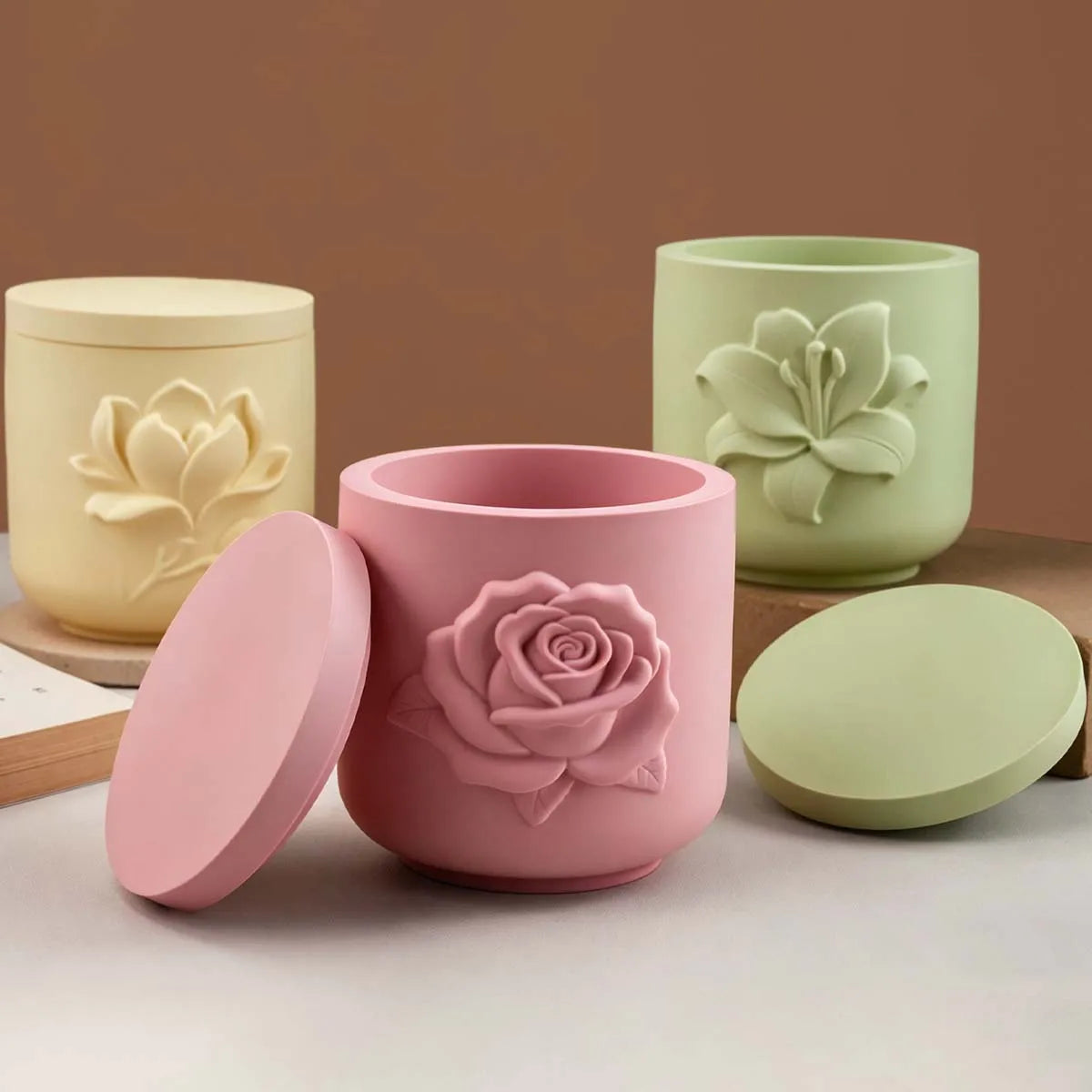 moules silicone vases fleurs reliefs plâtre résine diy bougies artisanal floral rose magnolia lys