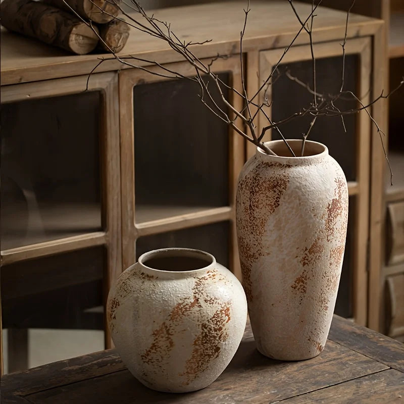 vases céramique rustique vintage branches sèches fleurs séchées aspect vieilli effet craquelé marron foncé