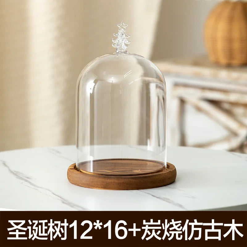 cloche verre transparent base bois bougie parfumée pinçon décoratives
