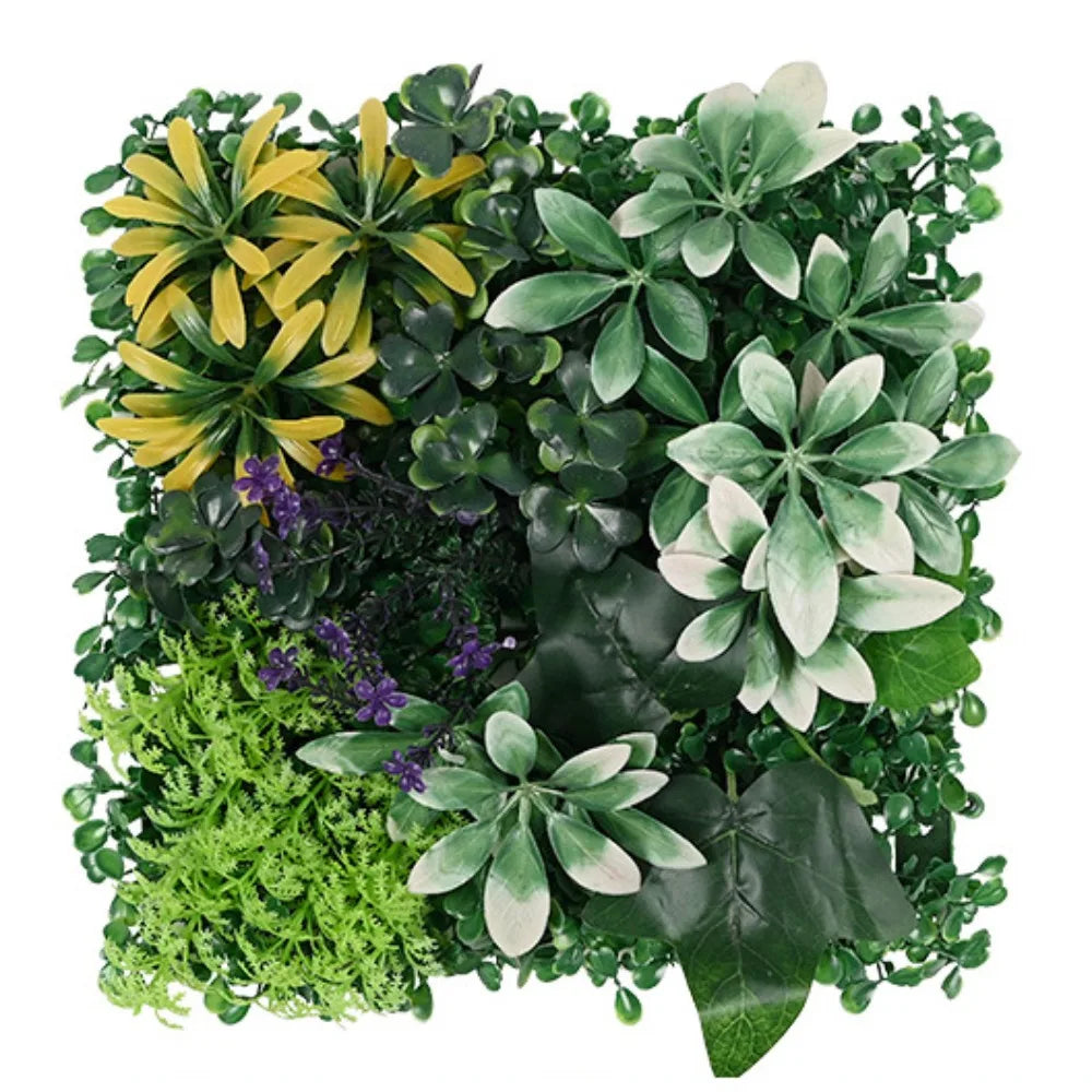 panneau mural végétal artificiel moderne feuilles fleurs variées intérieur décoration fixations métalliques