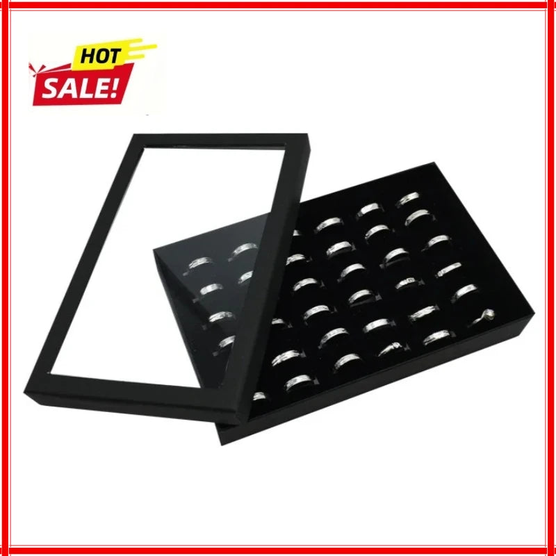 boîte bijoux noire moderne 36 anneaux rangement transparent couvercle plastique intérieur papier