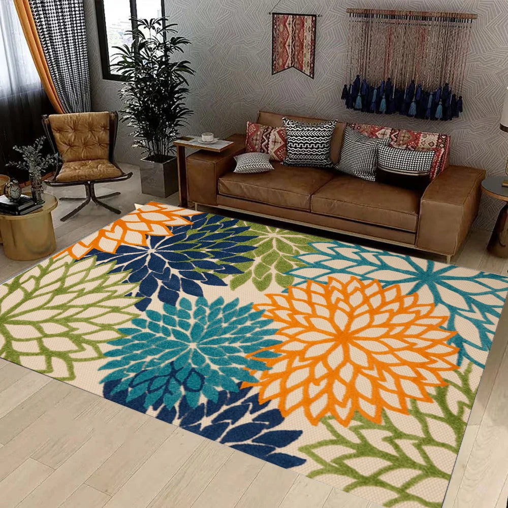 tapis moderne fleurs abstraites orange bleu vert beige extérieur antidérapant polypropylène polyester