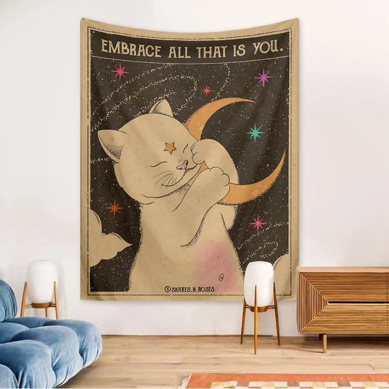 tapisserie murale moderne chat étoiles soleil lune clips polyester rectangle vintage