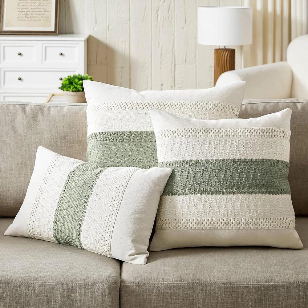 taies d'oreiller polyester vert clair rustique rayures horizontales non toxique respectueux environnement maison hospitalière
