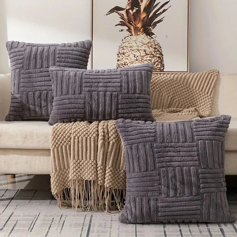 housses coussin peluche géométriques beige gris rose modernes canapé 45x45cm opaques fixées