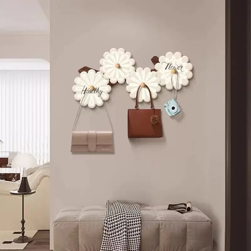 porte clés mural décoratif fleurs stylisées oiseaux blanc marron fixations sacs parapluies