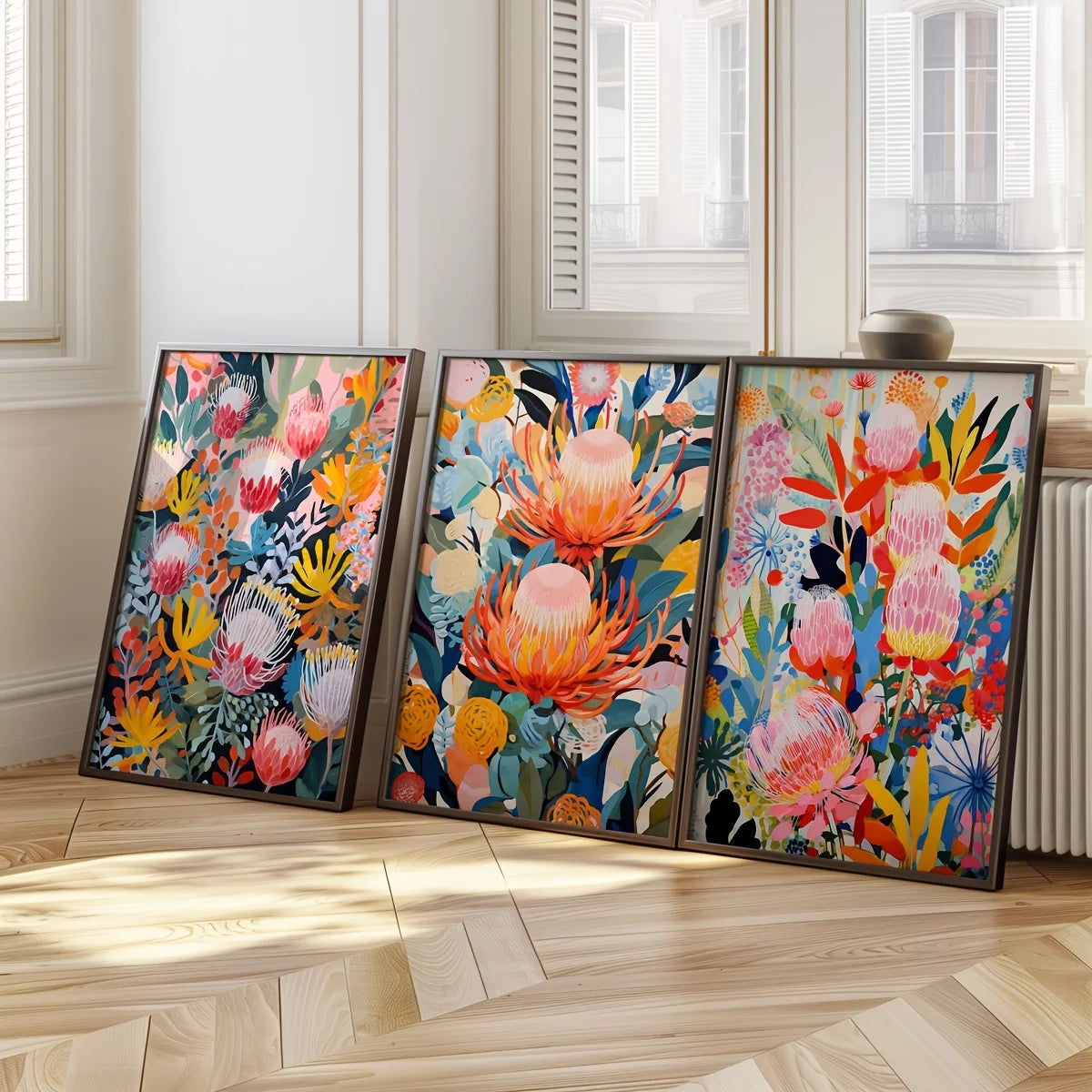 tableau toile fleurs exotiques abstraites cadre bois décoration murale moderne salon couleur vive