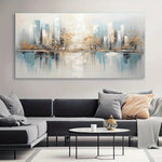 tableau contemporain abstrait arbres dorés ville bleu gris sans cadre