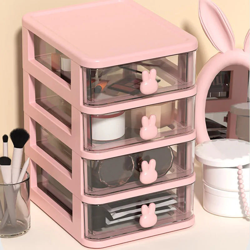 boîtes rangement tiroirs transparents rose poignées lapins moderne maquillage stylos pinceaux