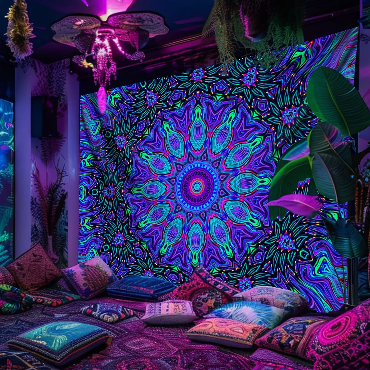tapisserie boho mandala violet bleu vert rose moderne symétrique décoration murale chambre coucher