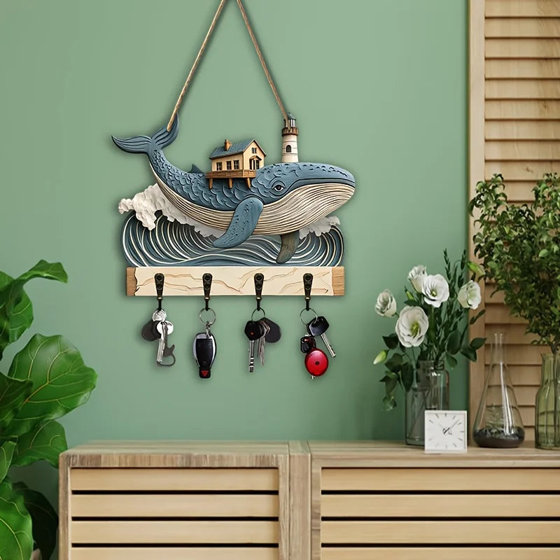 porte clés mural baleine bois bleu gris artisanal vis marine deco intérieur