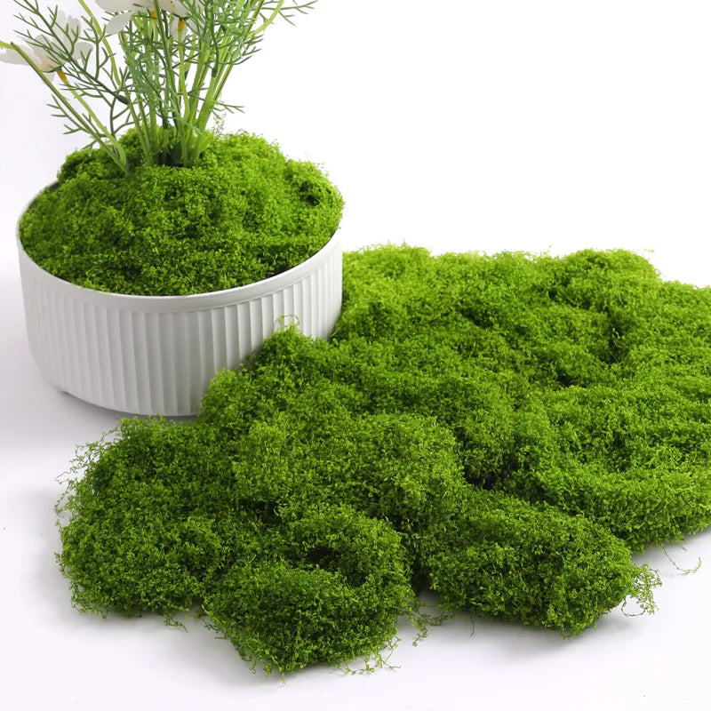 mousse artificielle verte soie naturelle fibre fine décoration intérieure extérieure pot blanc gris plante