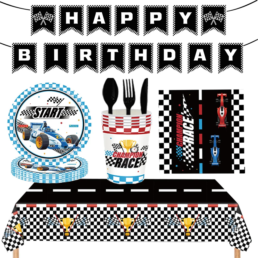 ensemble décoration anniversaire voiture course assiettes gobelets bannière table runner ballon géant papier
