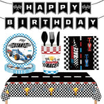 ensemble décoration anniversaire voiture course assiettes gobelets bannière table runner ballon géant papier