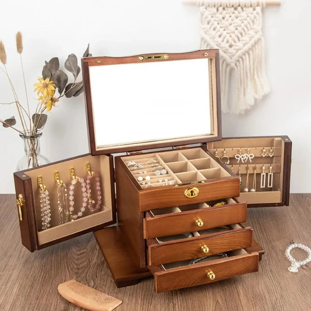 boîte bijoux bois velours marron clair poignées dorées serrure classique compartments sécurité transporte bijoux