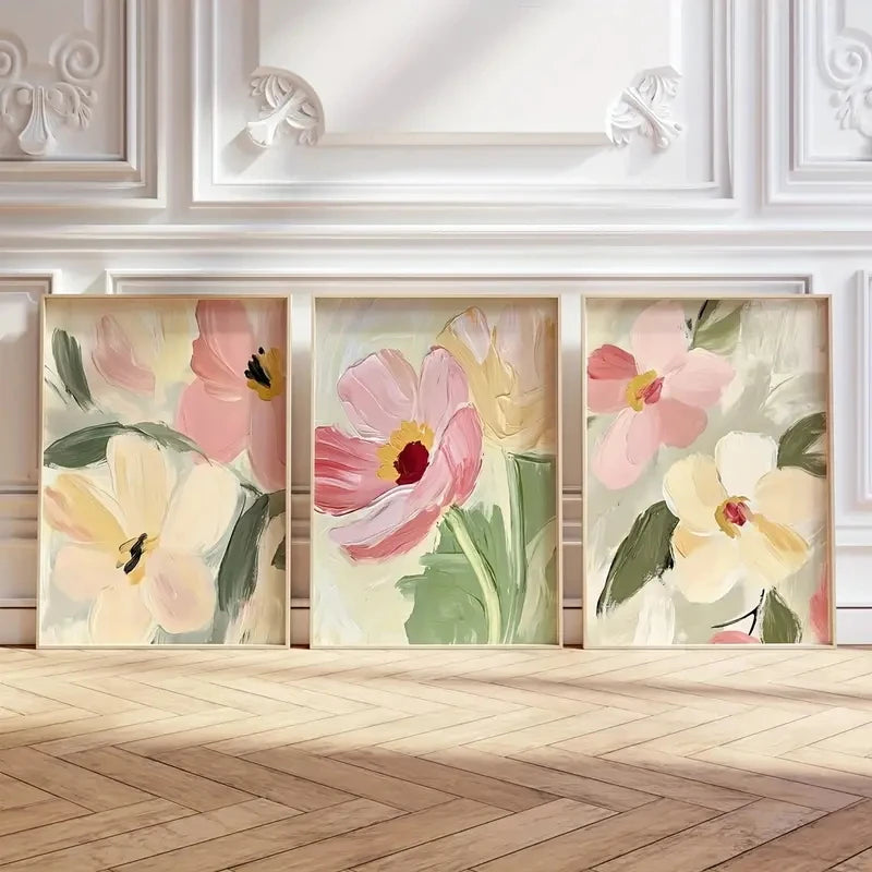 tableaux abstraits fleurs contemporains rose jaune vert toile sans cadre moderne