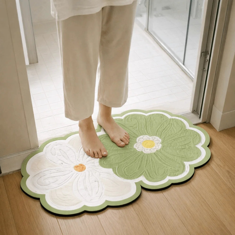 tapis décoration florale moderne jaune blanc bleu violet gris vert marron texturé relief
