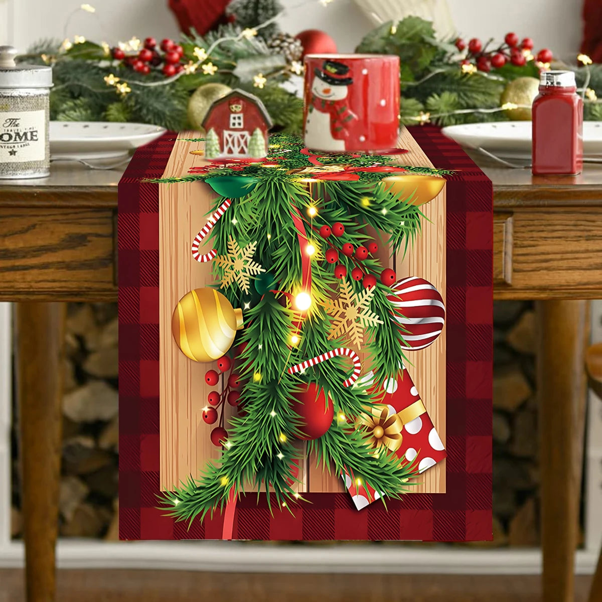 tableau table noël motifs arbres flocons guirlandes rouge blanc vert or traditionnel festive decoration