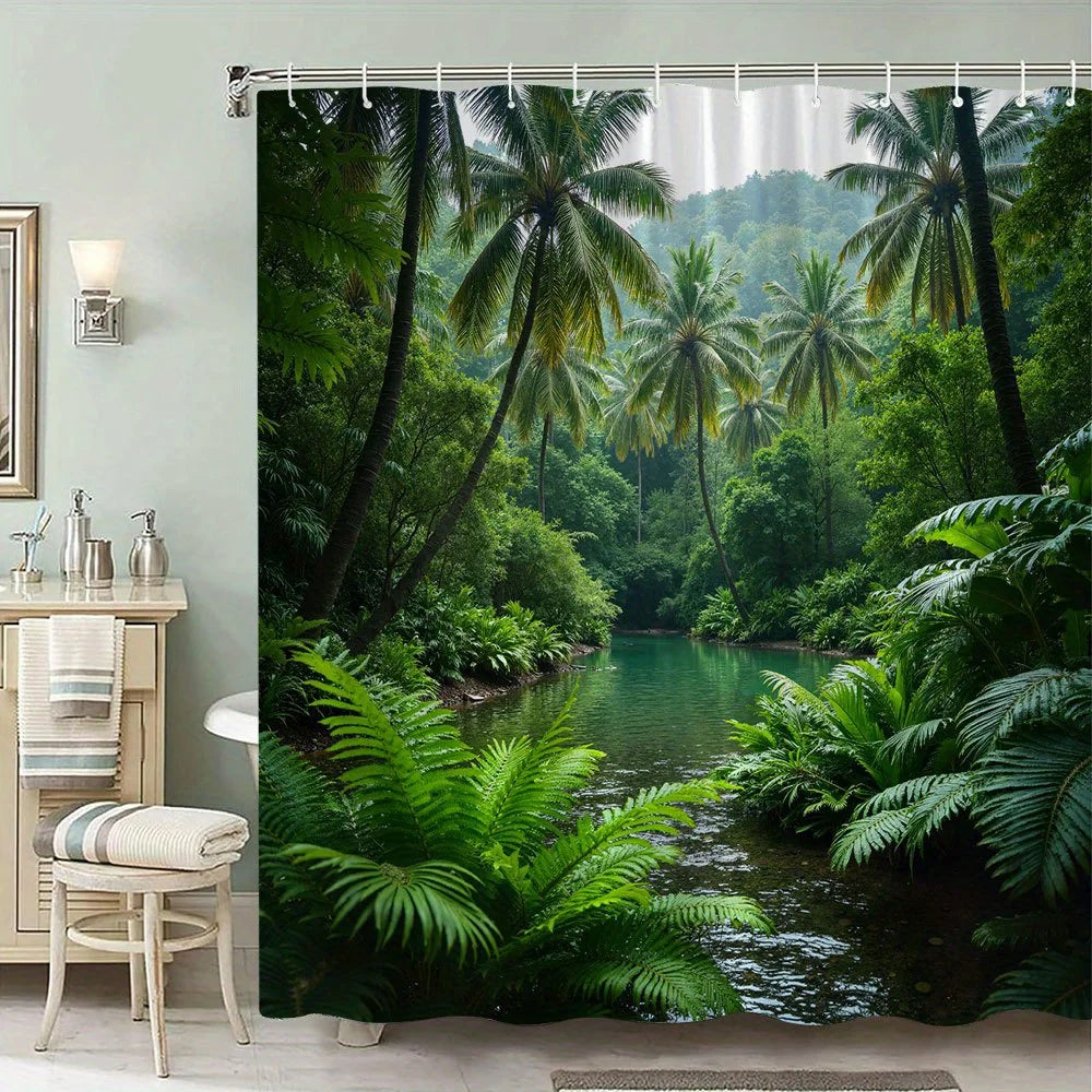 rideau douche tropical vert palmiers moderne opacité polyester machine lavable anneaux métalliques