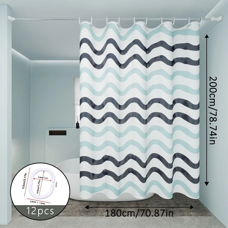 rideau douche moderne éva blanc bleu gris motif rayures ondulées opacité ourlet standard respectueux