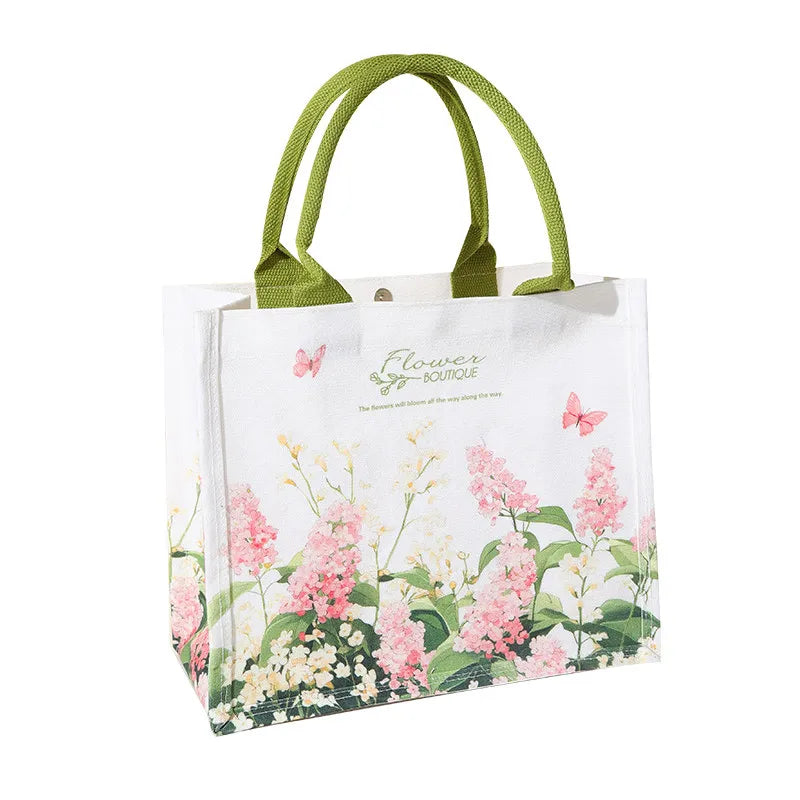sac main toile fleurs blanc vert rose élégant réutilisable écologique poignées vertes