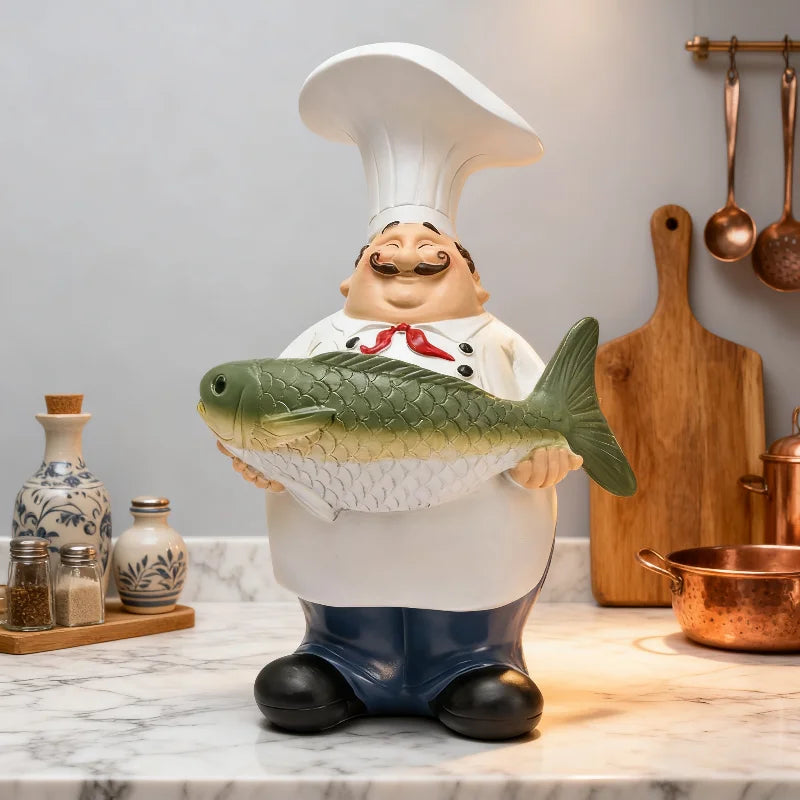 statue cuisine chef cartoon poisson tablier chapeau blanc bleu vert brun details humoristique résine
