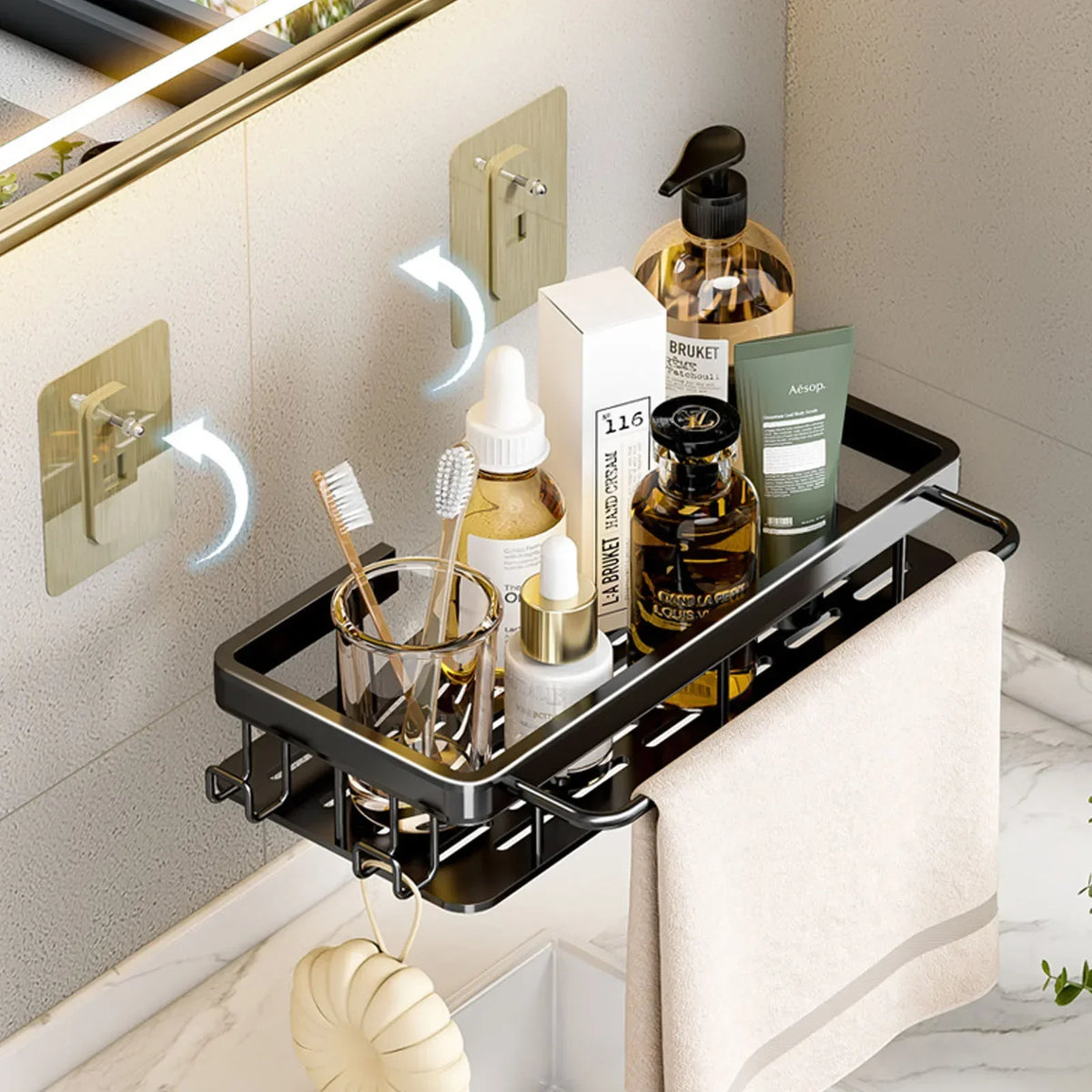 étagère murale aluminium noir contemporaine clips magnétiques rangement salle bain douche toilettes multifonctionnelle fixations