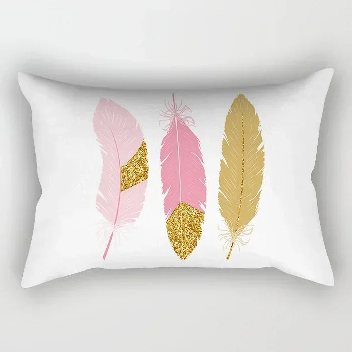taie d'oreiller rectangulaire rose blanc doré motif géométrique moderne lit chambre décoration maison