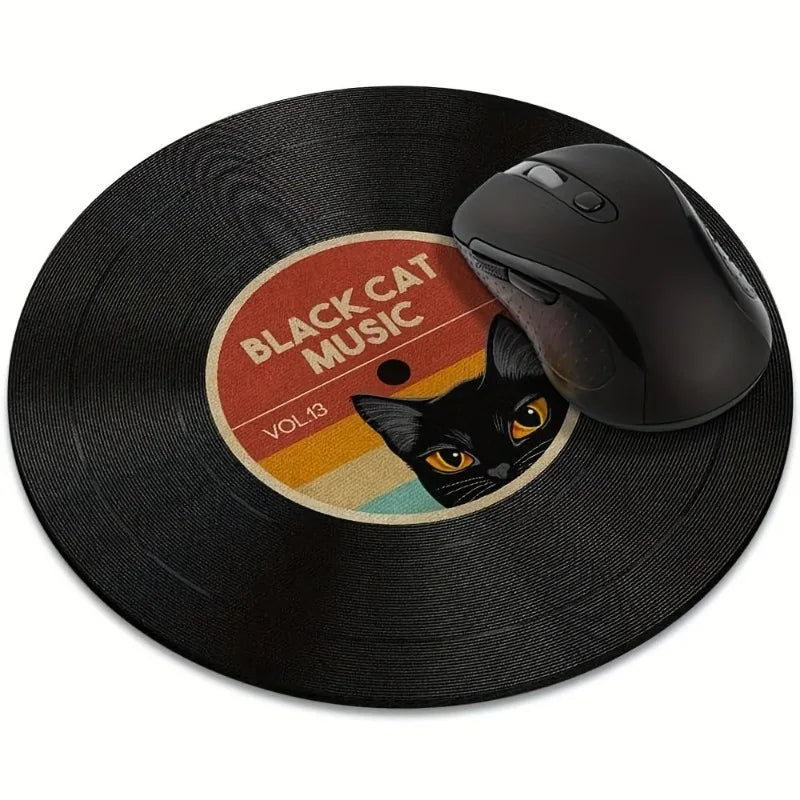 tapis souris rond noir chat vintage musique gamer caoutchouc antidérapant imperméable