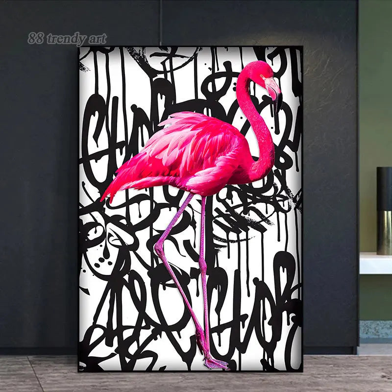tableau abstrait flamant rose calligraphies noires deco moderne oiseau animal compagnie toile sans cadre