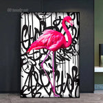 tableau abstrait flamant rose calligraphies noires deco moderne oiseau animal compagnie toile sans cadre