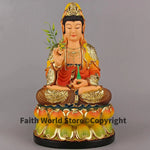 statue bouddha guanyin résine multicolore jaune rouge verte dorée texturée traditionnelle fixations incluses chaîne