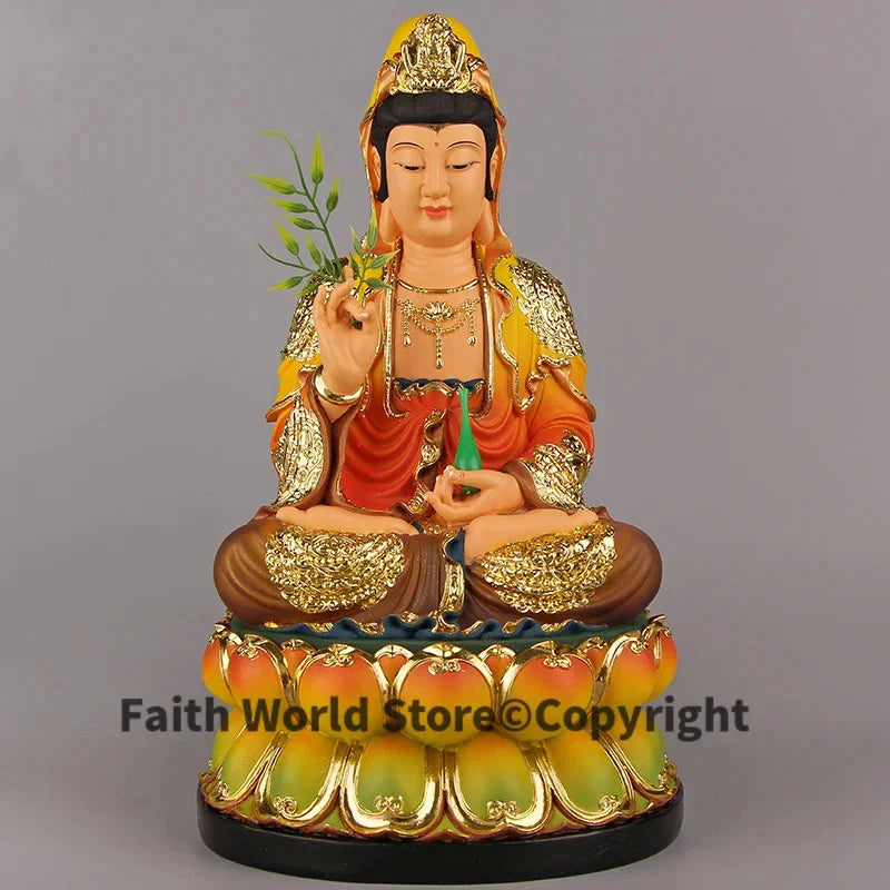 statue bouddha guanyin résine multicolore jaune rouge verte dorée texturée traditionnelle fixations incluses chaîne