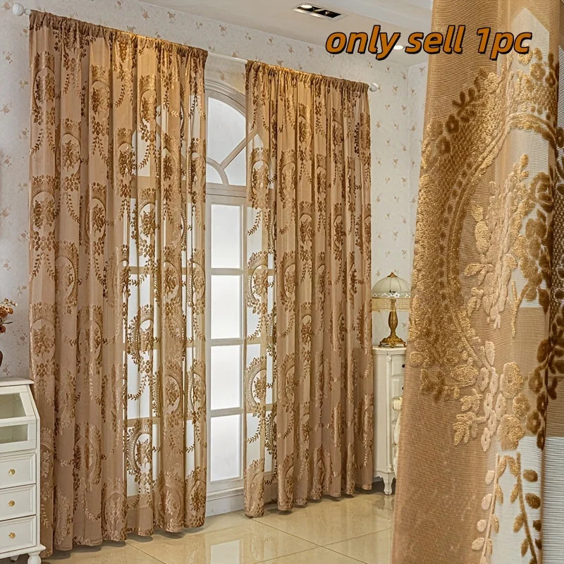 rideau classique semi transparent broderie florale beige gris clair fenêtre balcon salon chambre coucherextérieur