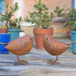 statues oiseaux métal rustique décoration extérieure jardin patio champêtre ornements métalliques texturés rouille