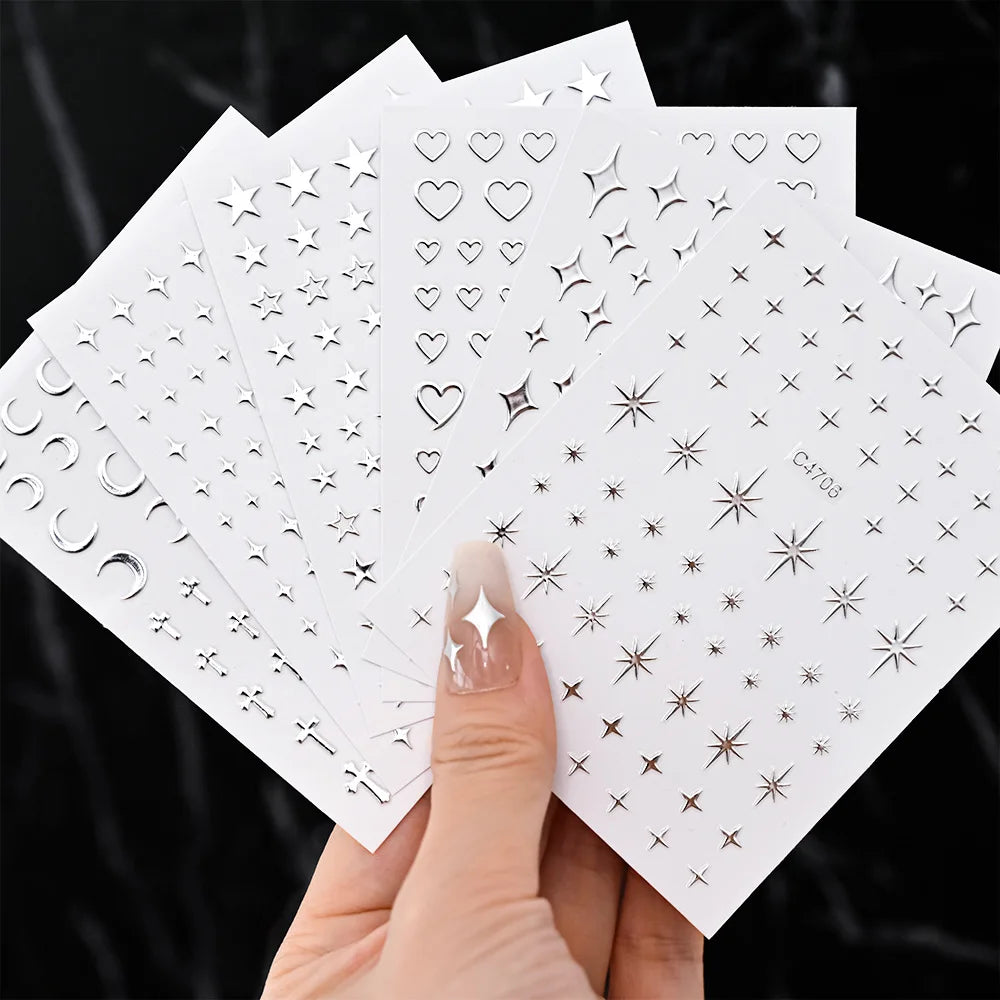 autocollants argentés étoiles coeurs lune nail art scrapbooking journal diy bricolage minimaliste pièces