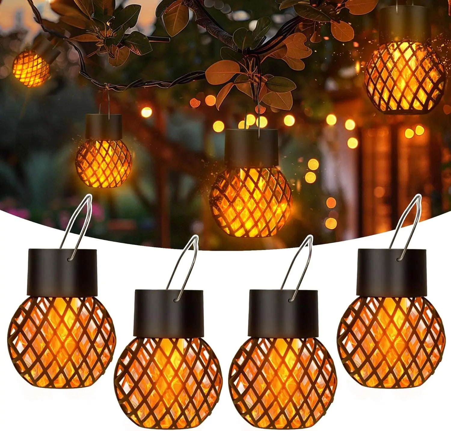 Lanterne solaire LED effet flamme orange allumée dans un jardin le soir