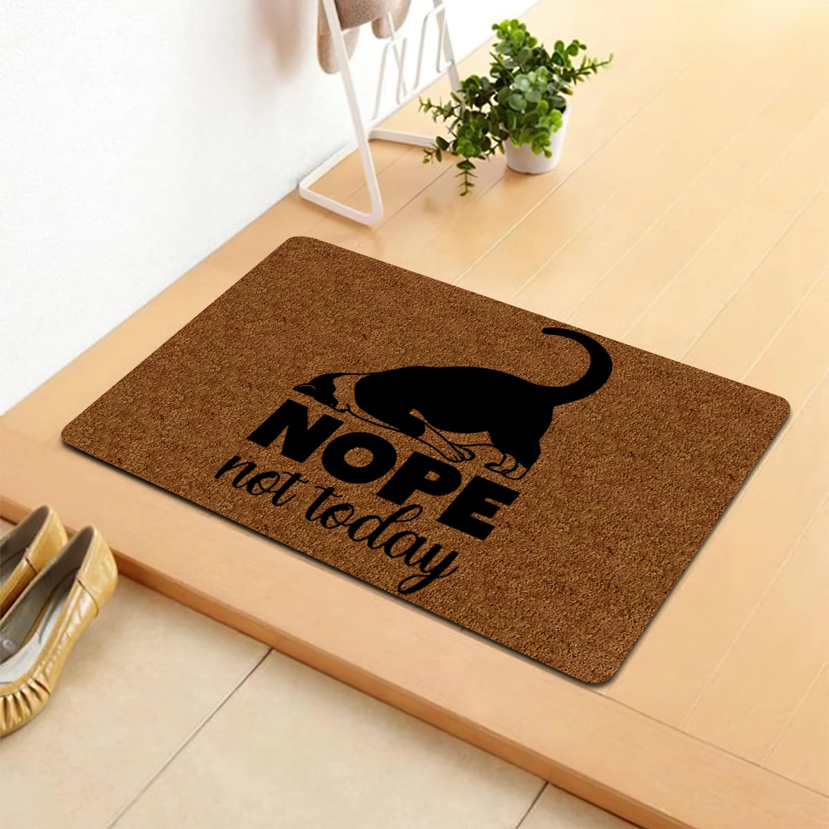 tapis d'entrée imperméable anti bactéries antidérapant chat noir motif moderne marron clair tapis sol