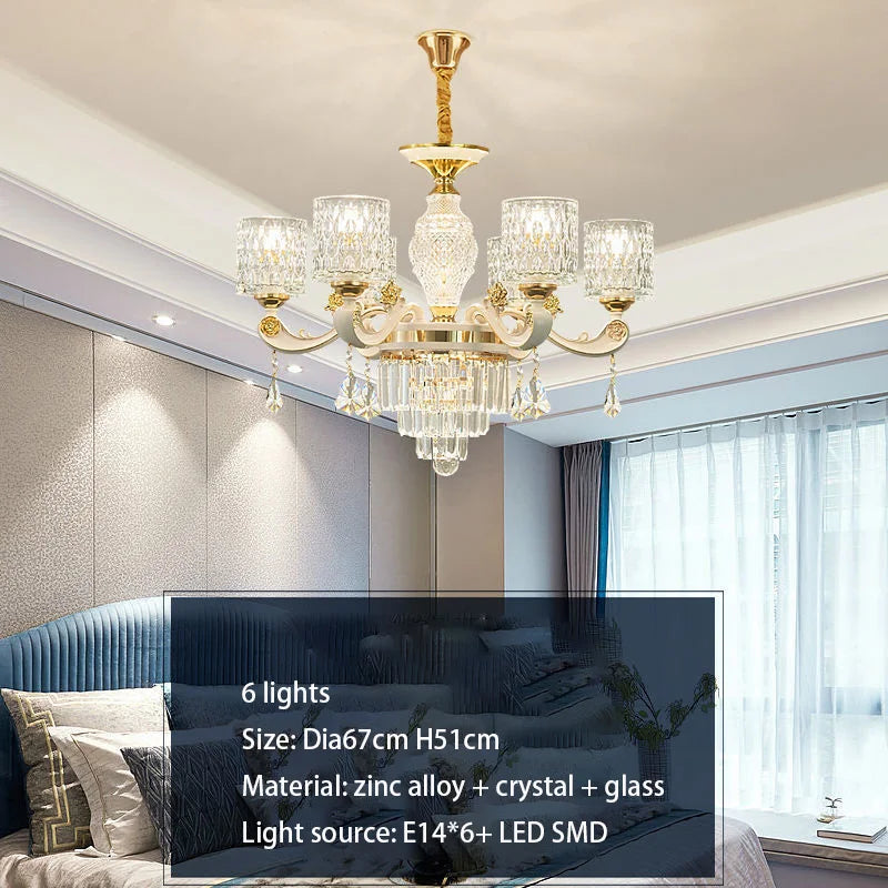 lustre led cristal ornementation dorée contemporain salon salle manger villa