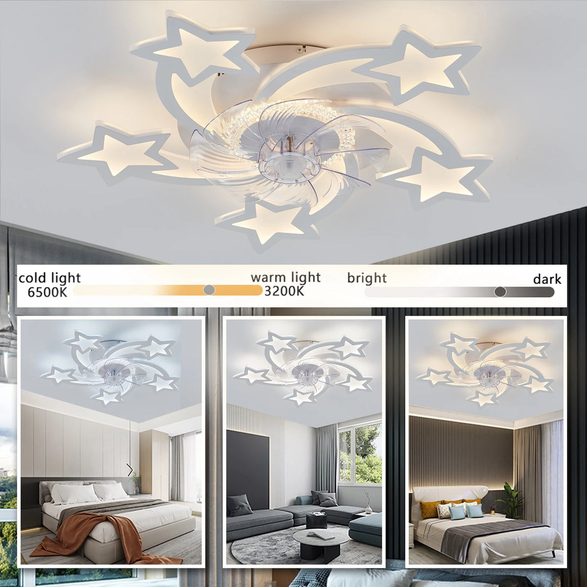 ventilateur moderne étoile blanc lumineux télécommande vitesses led silencieux chambre salon