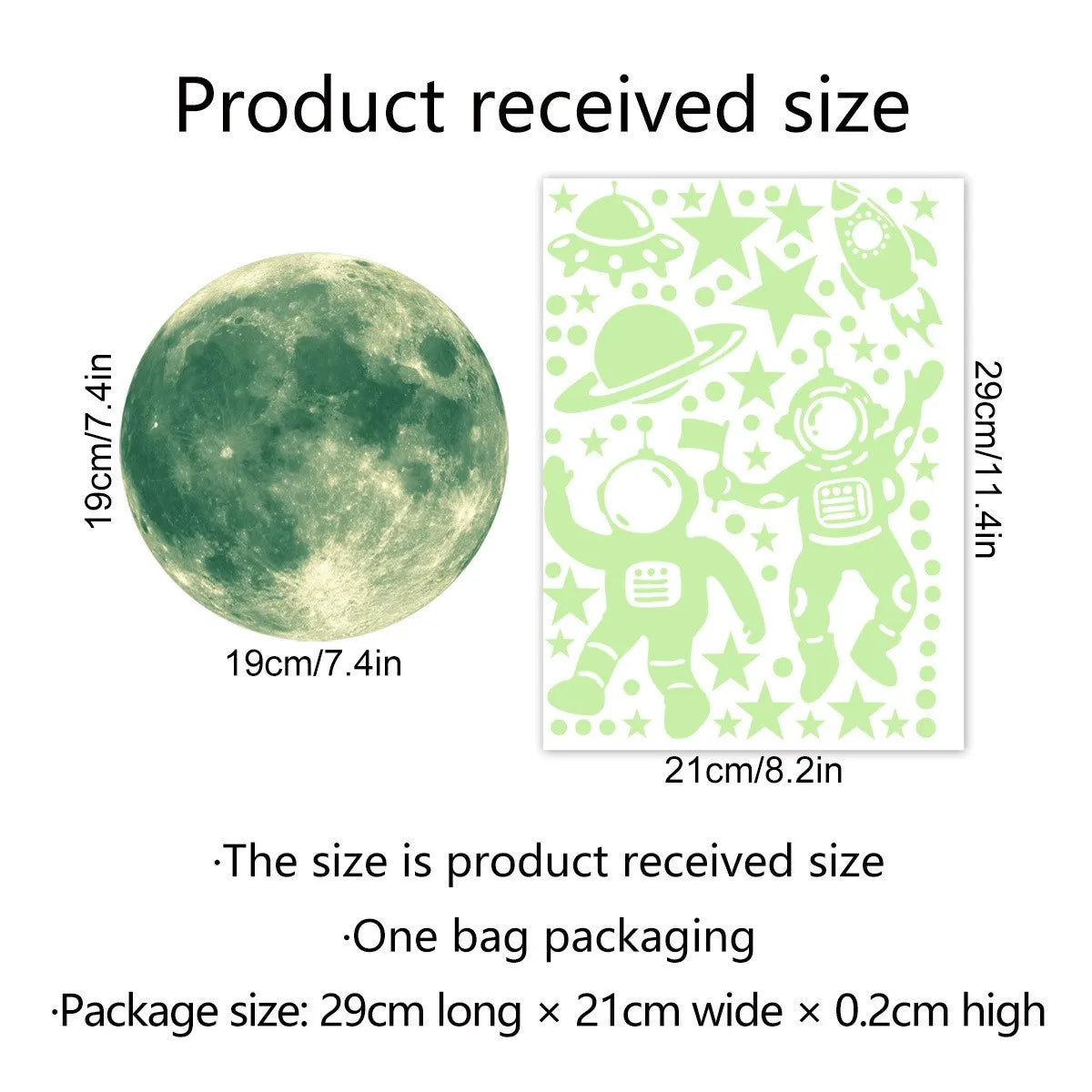stickers muraux lumineux lune étoiles astronautes vaisseau spatial motif géométrique vert fluo adhésif décoration