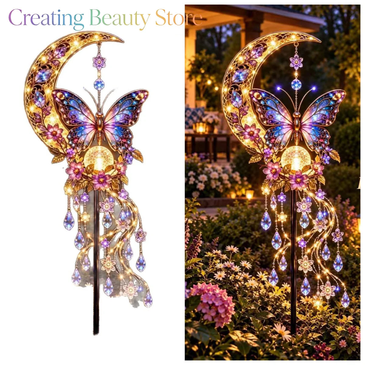 lampe solaire décorative ornement papillon lune cristaux transparents artisanal romantique noëlextérieur