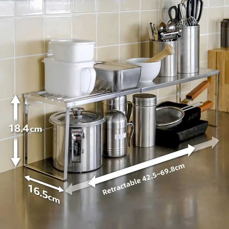 étagère cuisine rétractable métal argenté moderne pots épices rangement comptoir