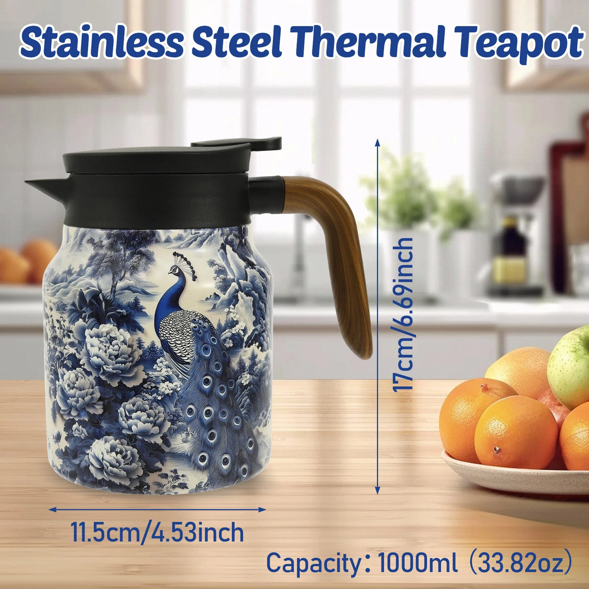 théière thermique acier inoxydable fleurs vintage poignée bois tasse assiette plateau