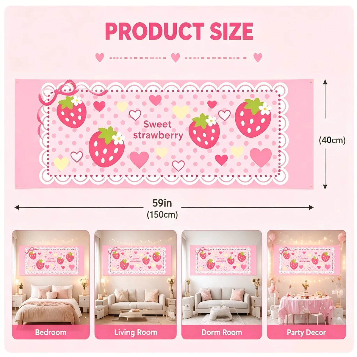 tapisserie murale longue fraises coeurs dentelle rose chambre fille kawaii décoration tête lit douce