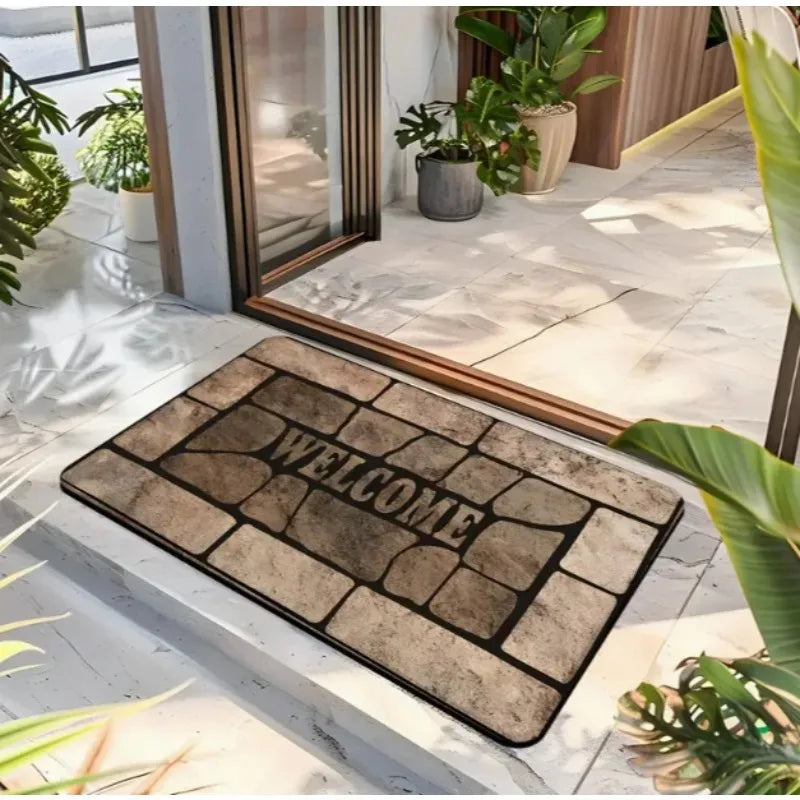 tapis d'entrée moderne marron beige texture pierre lettrage welcome résistant rides