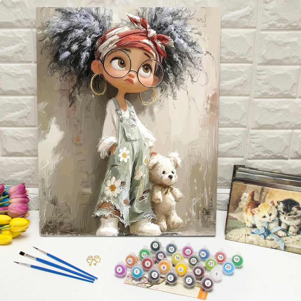 toile peinte fille ours fleurs motifs géométriques art contemporain kit débutants adultes crafts