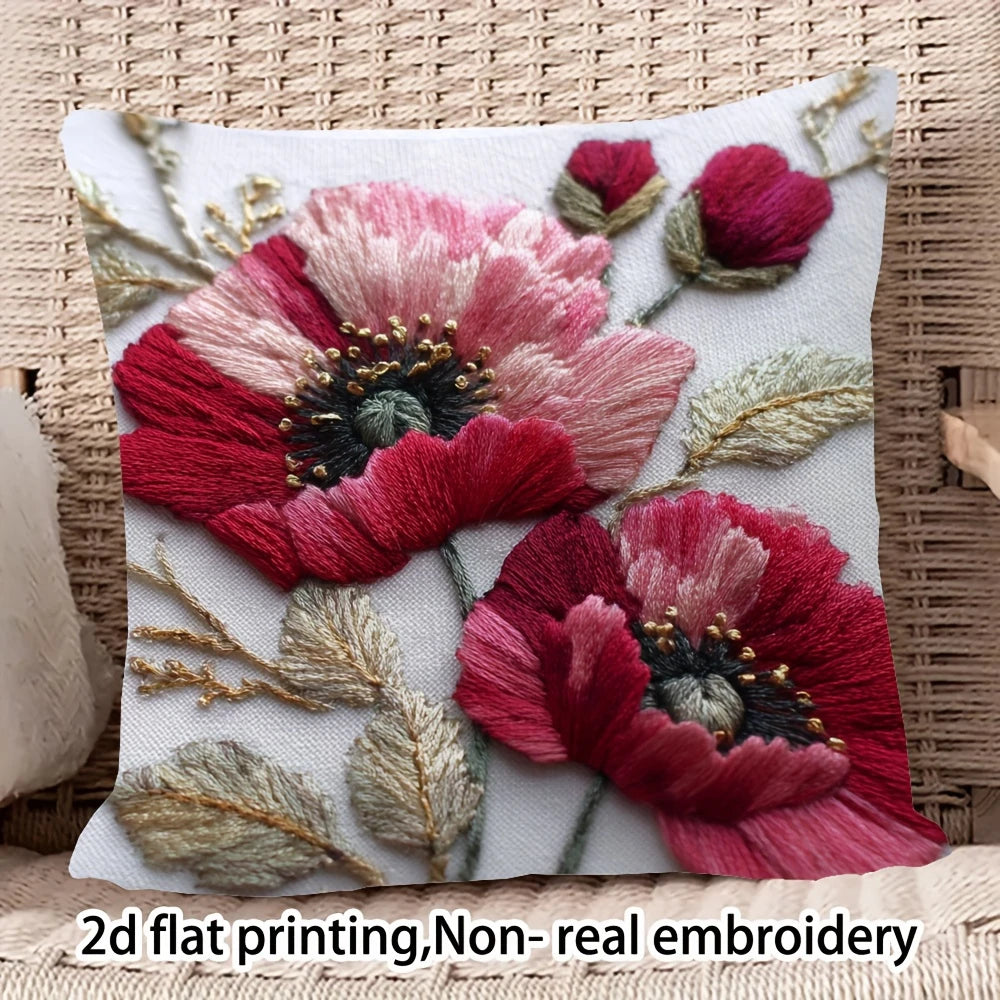 coussin carré blanc motif floral fleurs roses feuilles vertes bohême opacité 100% polyester lit